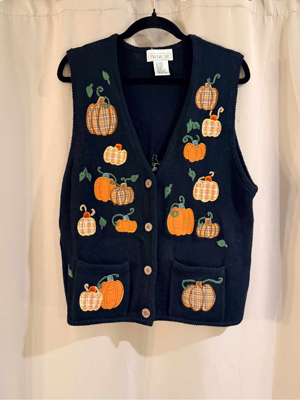 Mandal Bay Vintage Pumpkin Appliqué Knit Vest in Navy